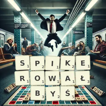 Kreatywna ilustracja do gry w Scrabble ze słowem SPIKEROWAŁBYŚ ułożonym z płytek na planszy.