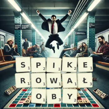 Kreatywna ilustracja do gry w Scrabble ze słowem SPIKEROWAŁOBY ułożonym z płytek na planszy.
