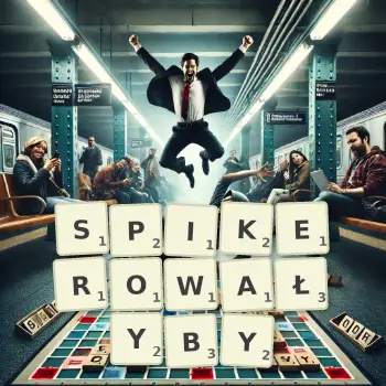Kreatywna ilustracja do gry w Scrabble ze słowem SPIKEROWAŁYBY ułożonym z płytek na planszy.