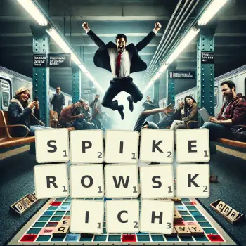 Kreatywna ilustracja do gry w Scrabble ze słowem SPIKEROWSKICH ułożonym z płytek na planszy.