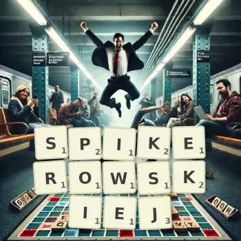 Kreatywna ilustracja do gry w Scrabble ze słowem SPIKEROWSKIEJ ułożonym z płytek na planszy.