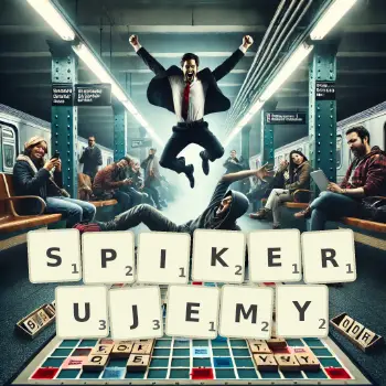 Kreatywna ilustracja do gry w Scrabble ze słowem SPIKERUJEMY ułożonym z płytek na planszy.