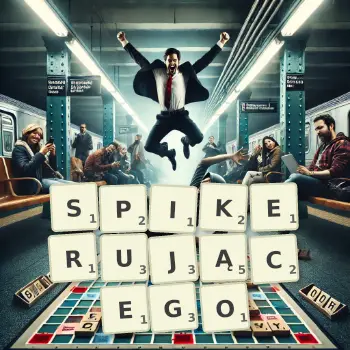 Kreatywna ilustracja do gry w Scrabble ze słowem SPIKERUJĄCEGO ułożonym z płytek na planszy.
