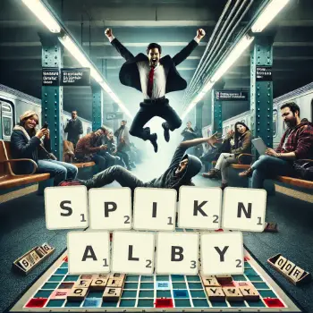 Kreatywna ilustracja do gry w Scrabble ze słowem SPIKNALBY ułożonym z płytek na planszy.