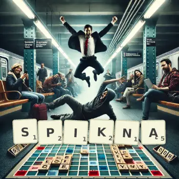 Kreatywna ilustracja do gry w Scrabble ze słowem SPIKNĄ ułożonym z płytek na planszy.