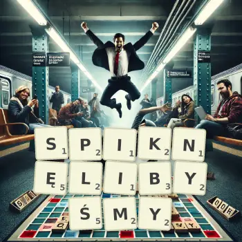 Kreatywna ilustracja do gry w Scrabble ze słowem SPIKNĘLIBYŚMY ułożonym z płytek na planszy.