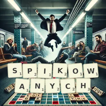 Kreatywna ilustracja do gry w Scrabble ze słowem SPIKOWANYCH ułożonym z płytek na planszy.