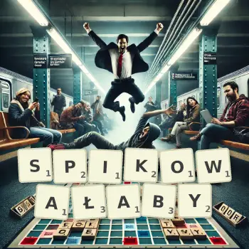 Kreatywna ilustracja do gry w Scrabble ze słowem SPIKOWAŁABY ułożonym z płytek na planszy.