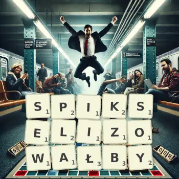 Kreatywna ilustracja do gry w Scrabble ze słowem SPIKSELIZOWAŁBY ułożonym z płytek na planszy.