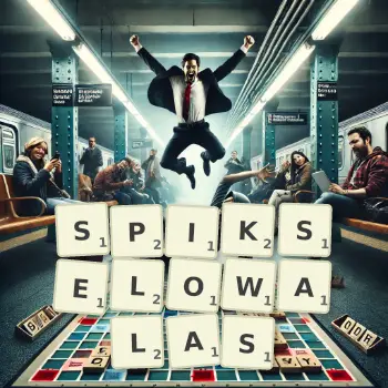 Kreatywna ilustracja do gry w Scrabble ze słowem SPIKSELOWALAS ułożonym z płytek na planszy.