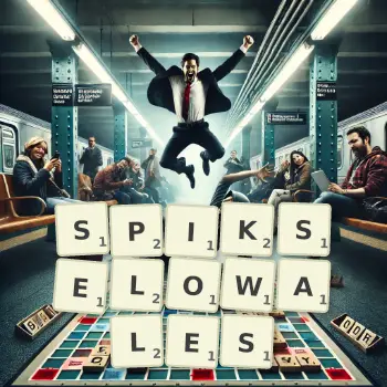 Kreatywna ilustracja do gry w Scrabble ze słowem SPIKSELOWALES ułożonym z płytek na planszy.