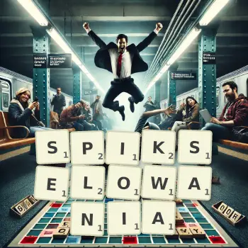 Kreatywna ilustracja do gry w Scrabble ze słowem SPIKSELOWANIA ułożonym z płytek na planszy.