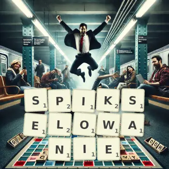 Kreatywna ilustracja do gry w Scrabble ze słowem SPIKSELOWANIE ułożonym z płytek na planszy.