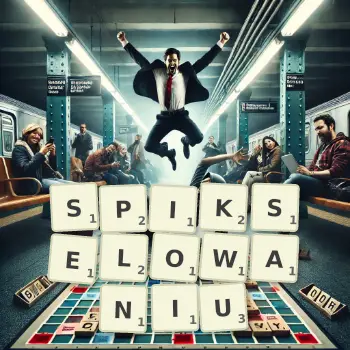 Kreatywna ilustracja do gry w Scrabble ze słowem SPIKSELOWANIU ułożonym z płytek na planszy.