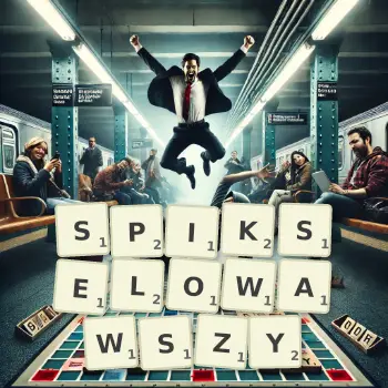 Kreatywna ilustracja do gry w Scrabble ze słowem SPIKSELOWAWSZY ułożonym z płytek na planszy.