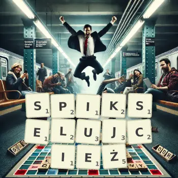 Kreatywna ilustracja do gry w Scrabble ze słowem SPIKSELUJCIEŻ ułożonym z płytek na planszy.