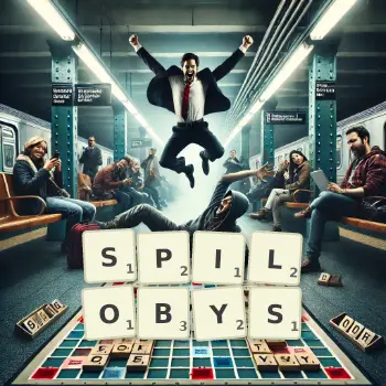 Kreatywna ilustracja do gry w Scrabble ze słowem SPILOBYS ułożonym z płytek na planszy.