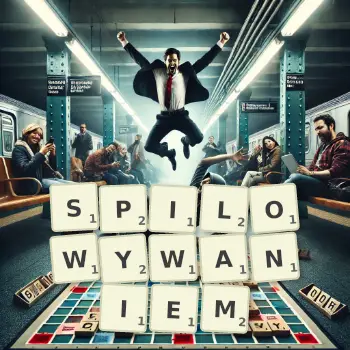 Kreatywna ilustracja do gry w Scrabble ze słowem SPILOWYWANIEM ułożonym z płytek na planszy.