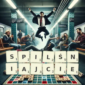 Kreatywna ilustracja do gry w Scrabble ze słowem SPILŚNIAJCIE ułożonym z płytek na planszy.