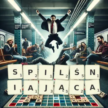 Kreatywna ilustracja do gry w Scrabble ze słowem SPILŚNIAJĄCA ułożonym z płytek na planszy.