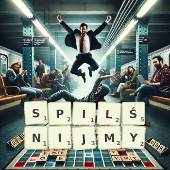 Kreatywna ilustracja do gry w Scrabble ze słowem SPILŚNIJMY ułożonym z płytek na planszy.