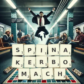 Kreatywna ilustracja do gry w Scrabble ze słowem SPINAKERBOMACH ułożonym z płytek na planszy.