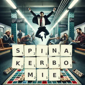 Kreatywna ilustracja do gry w Scrabble ze słowem SPINAKERBOMIE ułożonym z płytek na planszy.