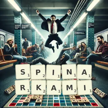 Kreatywna ilustracja do gry w Scrabble ze słowem SPINARKAMI ułożonym z płytek na planszy.