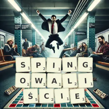 Kreatywna ilustracja do gry w Scrabble ze słowem SPINGOWALIŚCIE ułożonym z płytek na planszy.