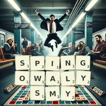 Kreatywna ilustracja do gry w Scrabble ze słowem SPINGOWALYSMY ułożonym z płytek na planszy.