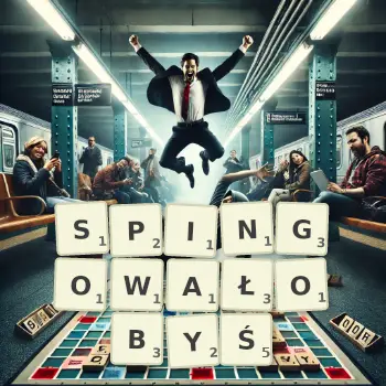Kreatywna ilustracja do gry w Scrabble ze słowem SPINGOWAŁOBYŚ ułożonym z płytek na planszy.