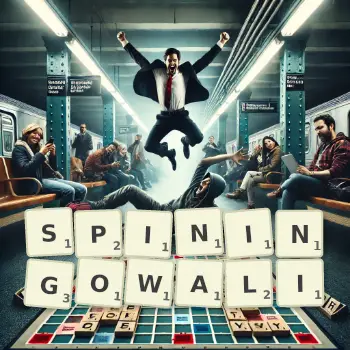 Kreatywna ilustracja do gry w Scrabble ze słowem SPININGOWALI ułożonym z płytek na planszy.