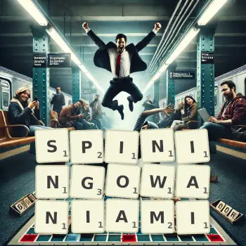 Kreatywna ilustracja do gry w Scrabble ze słowem SPININGOWANIAMI ułożonym z płytek na planszy.