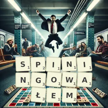 Kreatywna ilustracja do gry w Scrabble ze słowem SPININGOWAŁEM ułożonym z płytek na planszy.
