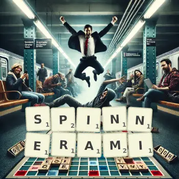 Kreatywna ilustracja do gry w Scrabble ze słowem SPINNERAMI ułożonym z płytek na planszy.