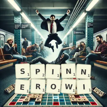 Kreatywna ilustracja do gry w Scrabble ze słowem SPINNEROWI ułożonym z płytek na planszy.