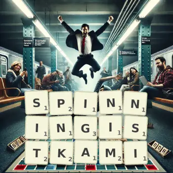 Kreatywna ilustracja do gry w Scrabble ze słowem SPINNINGISTKAMI ułożonym z płytek na planszy.