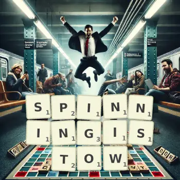 Kreatywna ilustracja do gry w Scrabble ze słowem SPINNINGISTOW ułożonym z płytek na planszy.