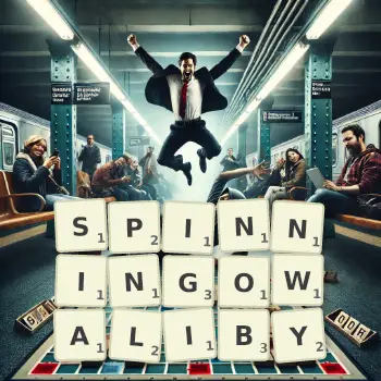 Kreatywna ilustracja do gry w Scrabble ze słowem SPINNINGOWALIBY ułożonym z płytek na planszy.