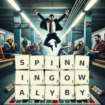 Kreatywna ilustracja do gry w Scrabble ze słowem SPINNINGOWALYBY ułożonym z płytek na planszy.