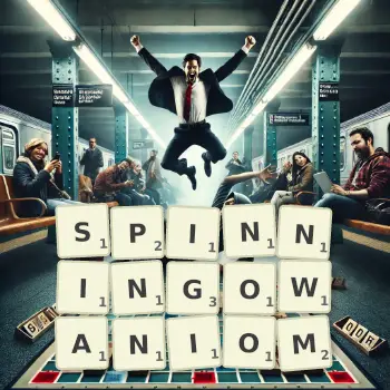 Kreatywna ilustracja do gry w Scrabble ze słowem SPINNINGOWANIOM ułożonym z płytek na planszy.