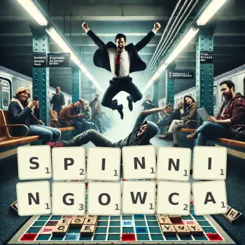 Kreatywna ilustracja do gry w Scrabble ze słowem SPINNINGOWCA ułożonym z płytek na planszy.