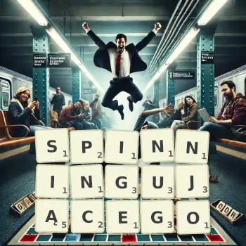 Kreatywna ilustracja do gry w Scrabble ze słowem SPINNINGUJĄCEGO ułożonym z płytek na planszy.