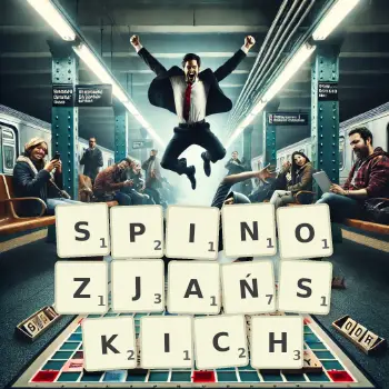 Kreatywna ilustracja do gry w Scrabble ze słowem SPINOZJAŃSKICH ułożonym z płytek na planszy.