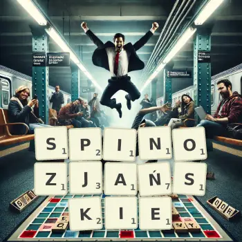Kreatywna ilustracja do gry w Scrabble ze słowem SPINOZJAŃSKIE ułożonym z płytek na planszy.