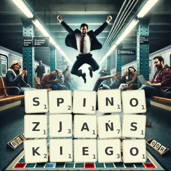 Kreatywna ilustracja do gry w Scrabble ze słowem SPINOZJAŃSKIEGO ułożonym z płytek na planszy.