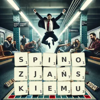 Kreatywna ilustracja do gry w Scrabble ze słowem SPINOZJAŃSKIEMU ułożonym z płytek na planszy.