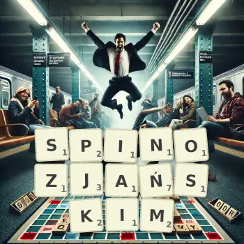 Kreatywna ilustracja do gry w Scrabble ze słowem SPINOZJAŃSKIM ułożonym z płytek na planszy.