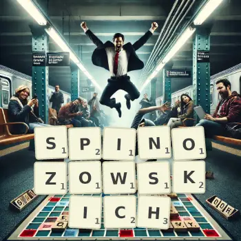 Kreatywna ilustracja do gry w Scrabble ze słowem SPINOZOWSKICH ułożonym z płytek na planszy.