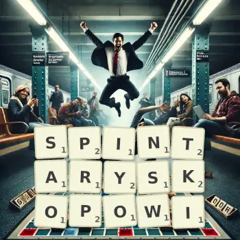 Kreatywna ilustracja do gry w Scrabble ze słowem SPINTARYSKOPOWI ułożonym z płytek na planszy.